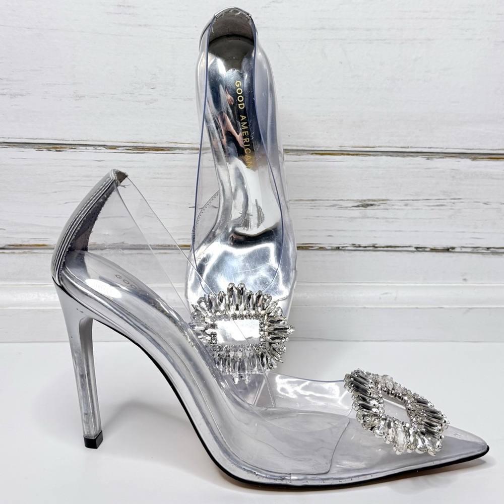 Good American Clear Rhinestone Buckle Pumps